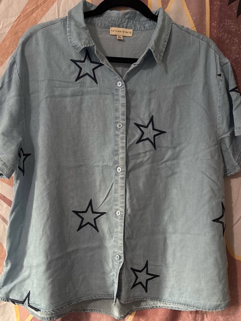 Autumn Skye Women’s Light Blue embroidered loose fit Star print Button Down